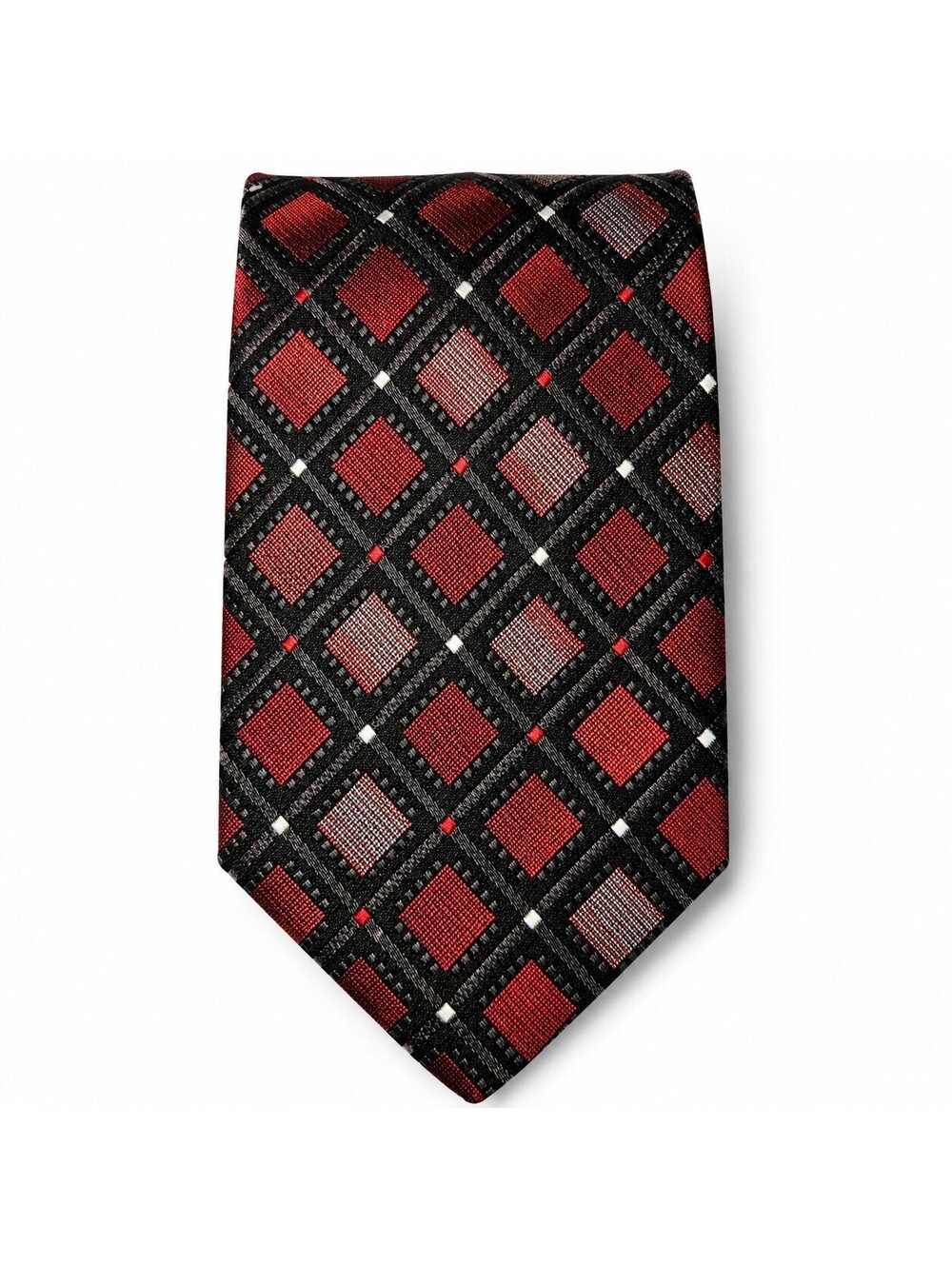 Stafford Mens Silk Tie Red Silver Black Geometric Diamond Pattern Handmade